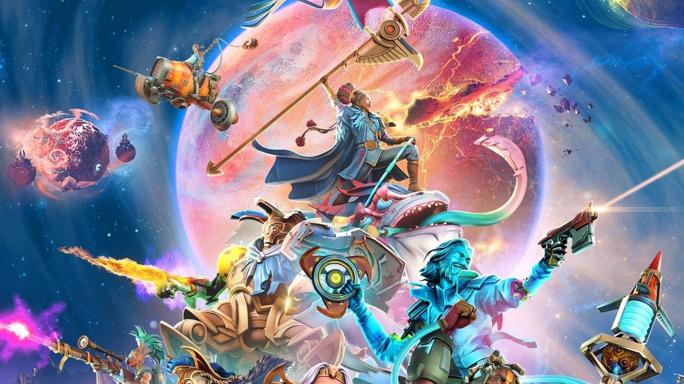 A colourful picture of many characters firing their guns or raising their weapons with the backdrop of a planet behind them.