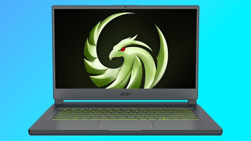 msi delta 15 laptop shown on a coloured background