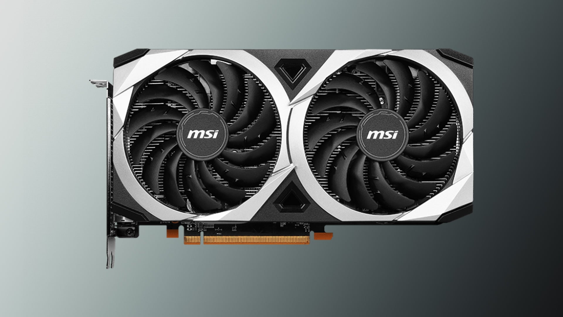 Image of an MSI RX 6600 GPU on a silver to black gradient background
