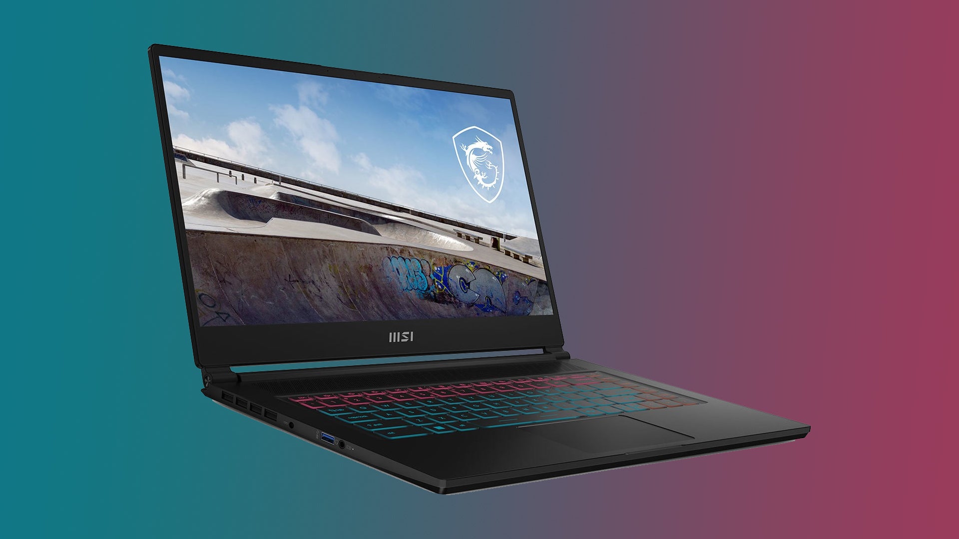 Image of an MSI Stealth 15 laptop on a blue to red gradient background.