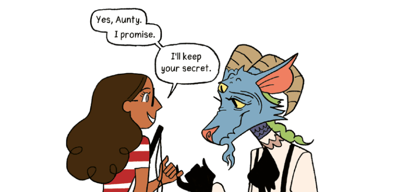 Cropped panel of young girl speaking to her monster Aunt
