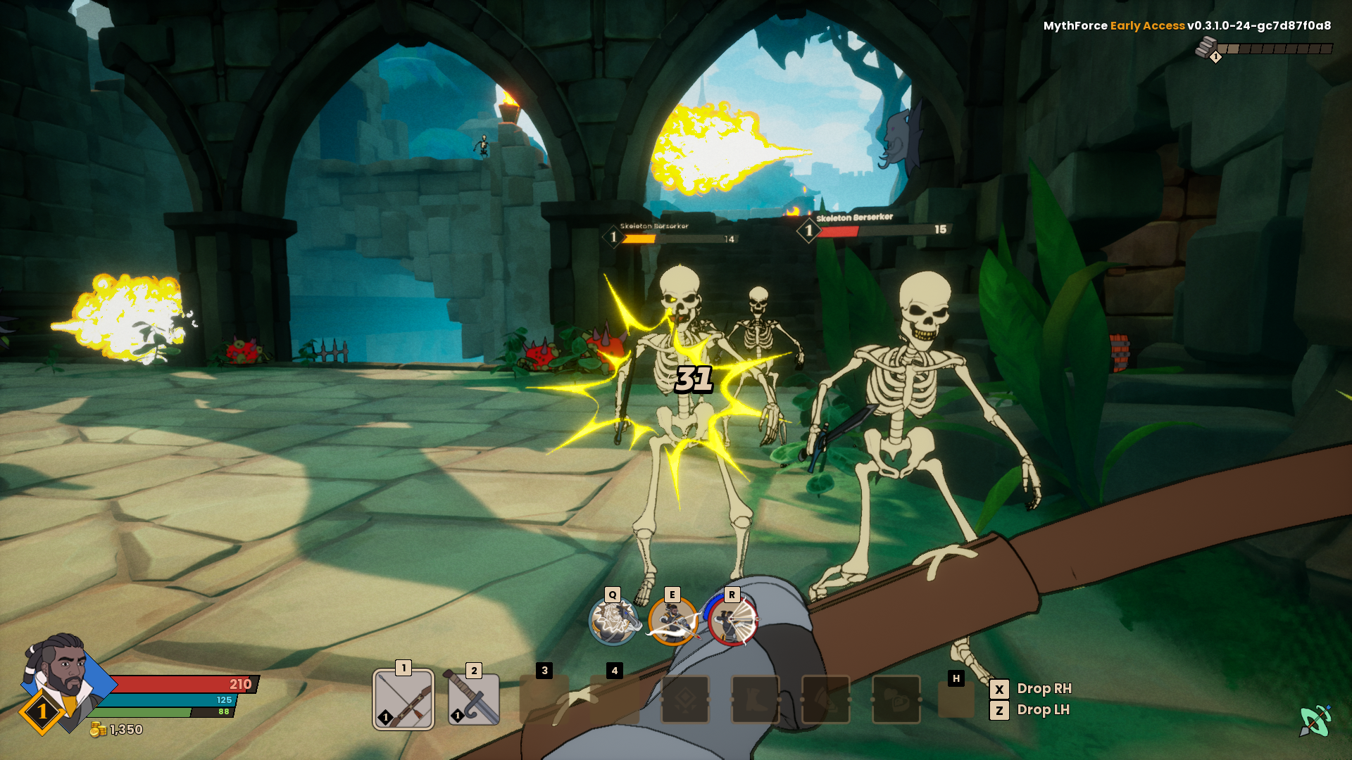 MythForce preview - in first-person, the player fires an arrow at one of two oncoming skeletons, with yellow comic-style sparks and damage numbers popping out.