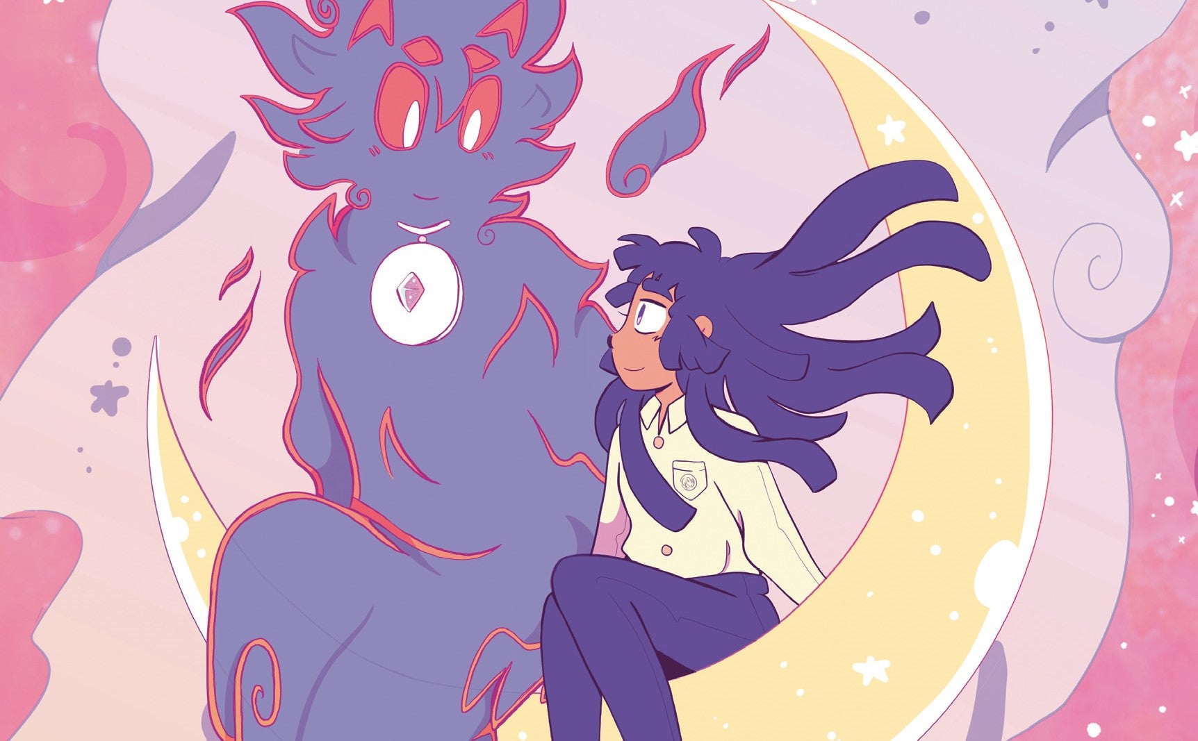 Pastel toned illustration of a girl and a large purple djinn sitting on a crescent moon, smiling at each other