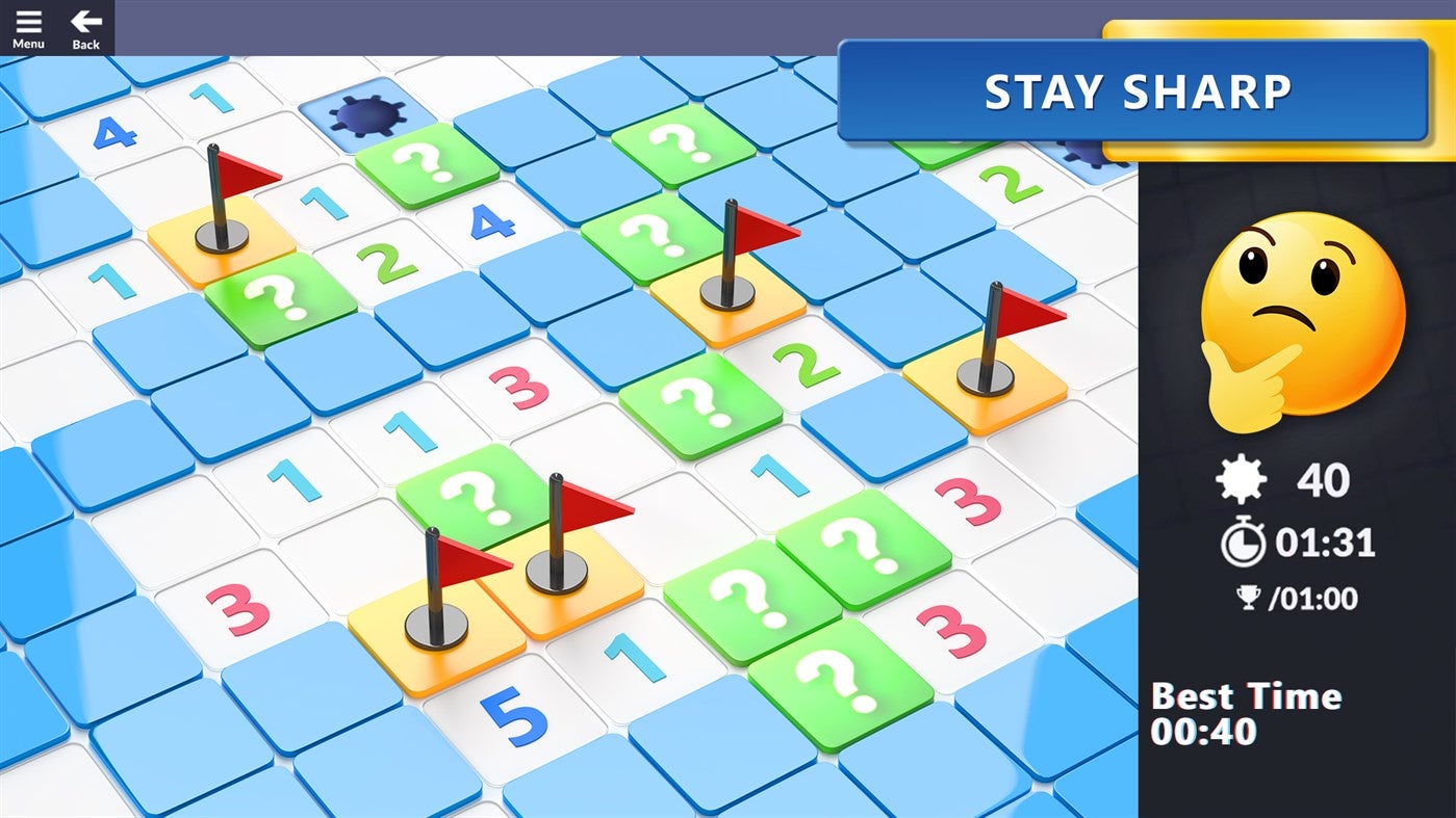 A promotional screen for the new Minesweeper with a "thinking" emoji in the corner of the screen