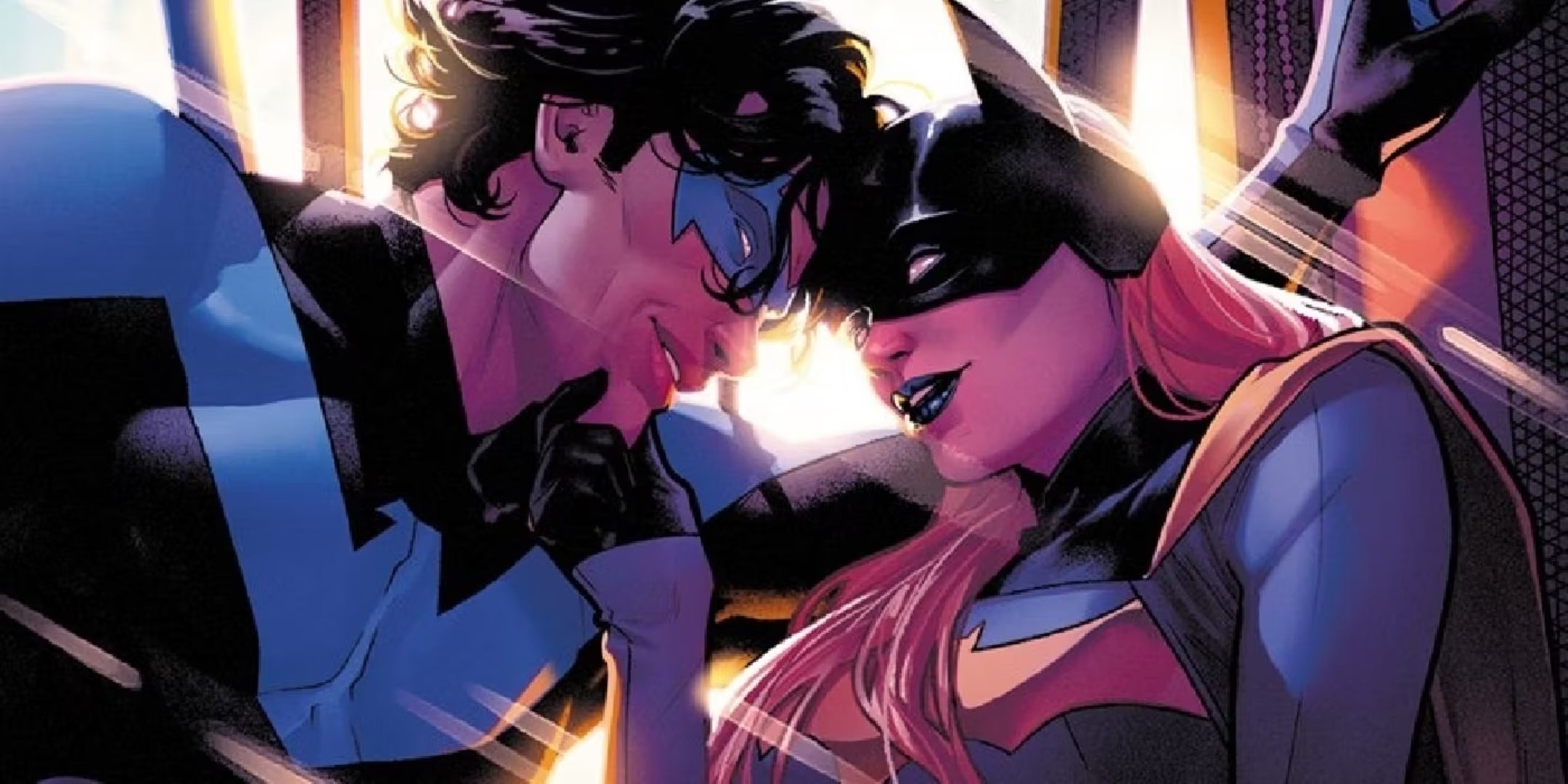 Image of Nightwing and Batgirl leaning close to each other and smiling