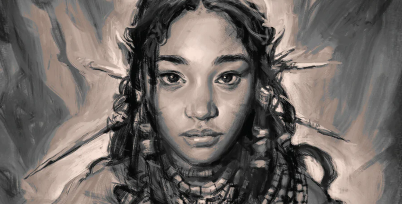 Illustrated grey toned painting of a girl wearing jewelry and with ornaments in her hair