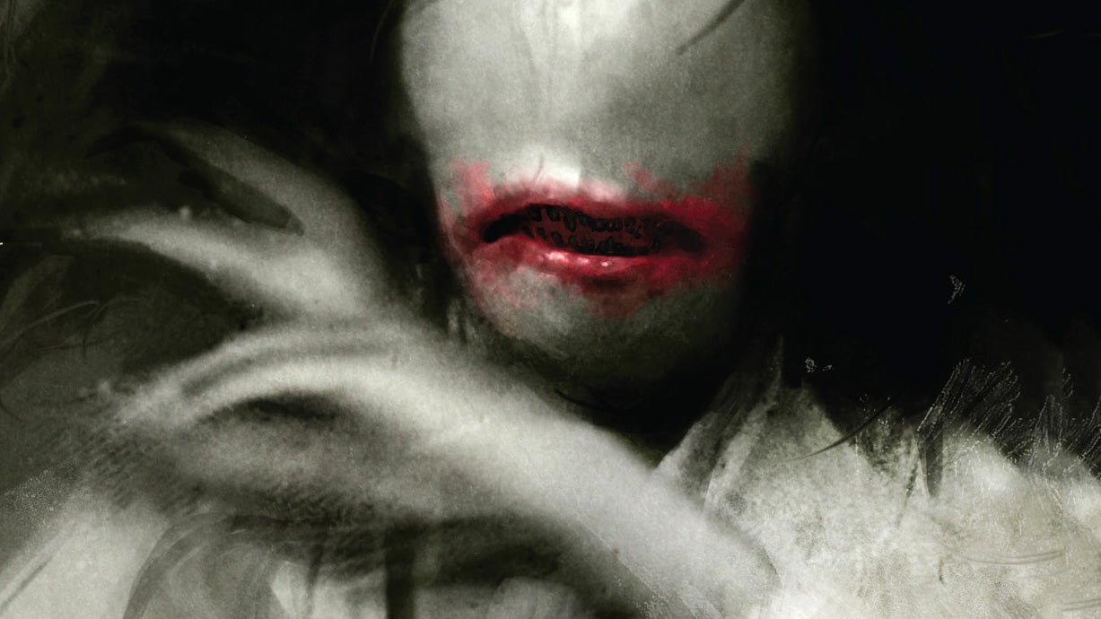 An illustration that could be from a Japanese horror film. A featureless face with a big, red-smeared mouth, on a woman's kimono-dressed body, flanked by thick black hair. It's scary as hell.