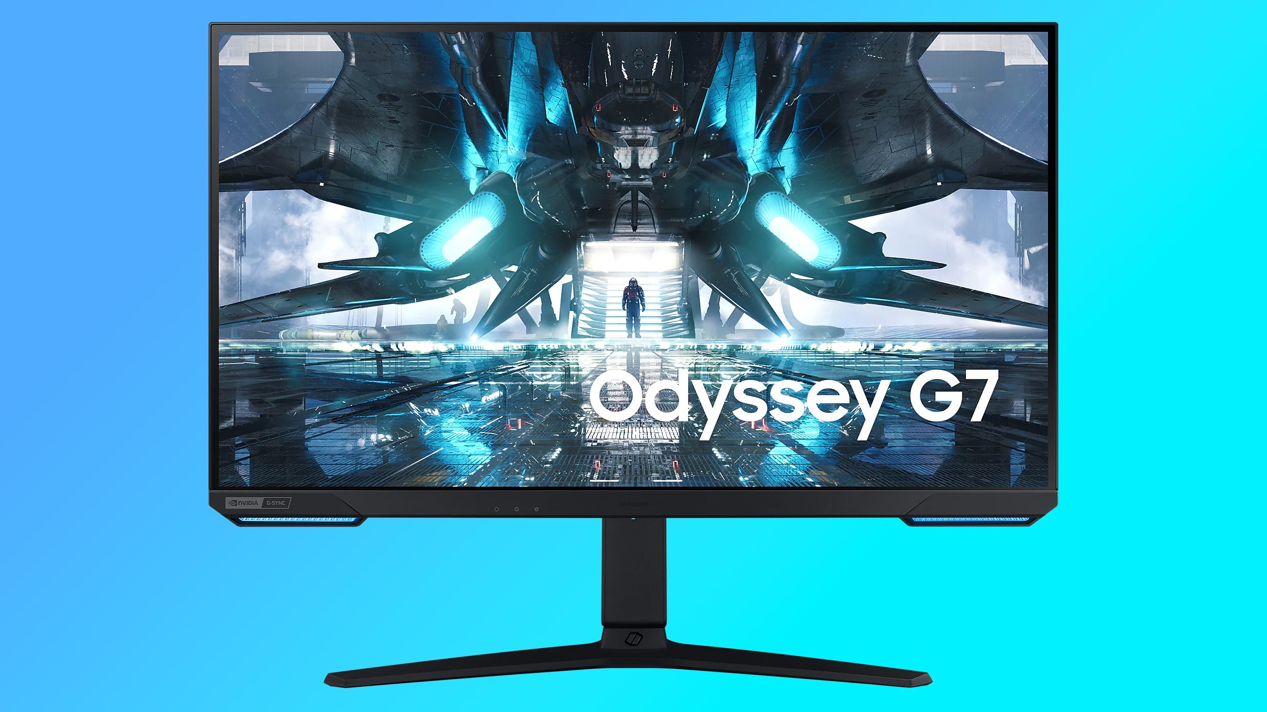 a samsung odyssey g7, specifically a 28-in 4k 144hz unit with hdmi 2.1, on a coloured background that emphasises its space-age design.