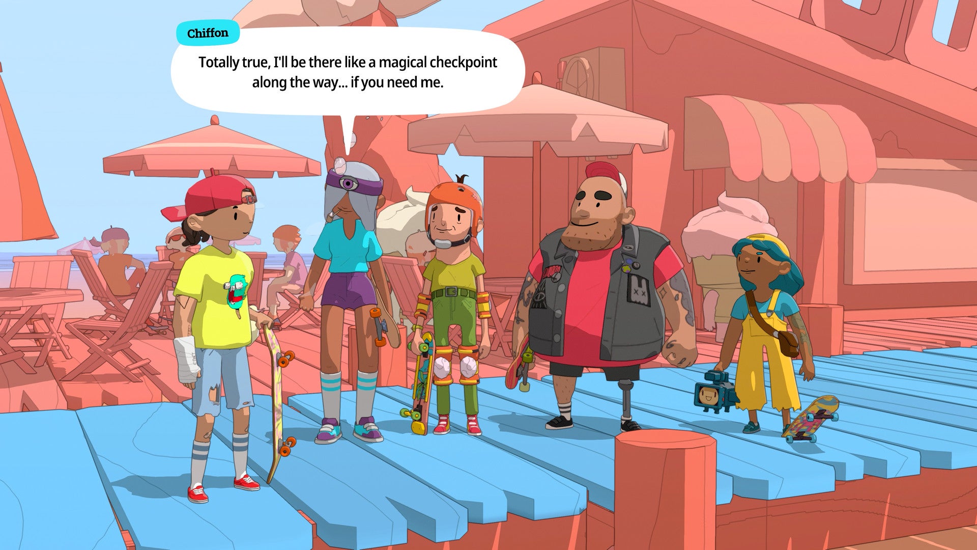 2022 best games OlliOlli World - five quirky characters chat on a bright blue platform in front of coral pink buildings and structures