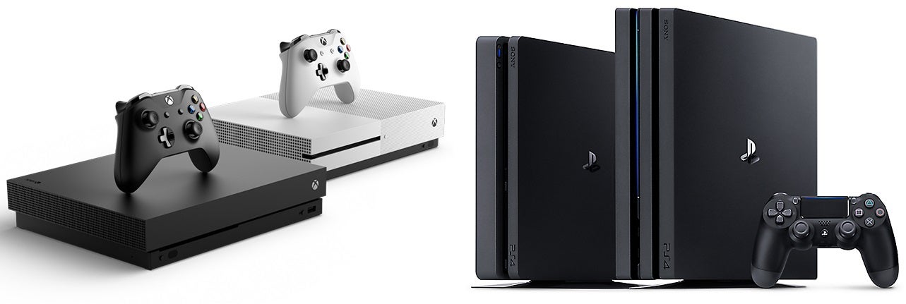 Pictures of the Xbox One X and the PS4 Pro alongside their less powerful predecessors