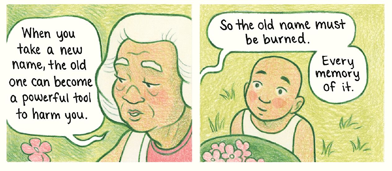 Two interior colored panels from Other Ever Afters featuring a grandmother and a child