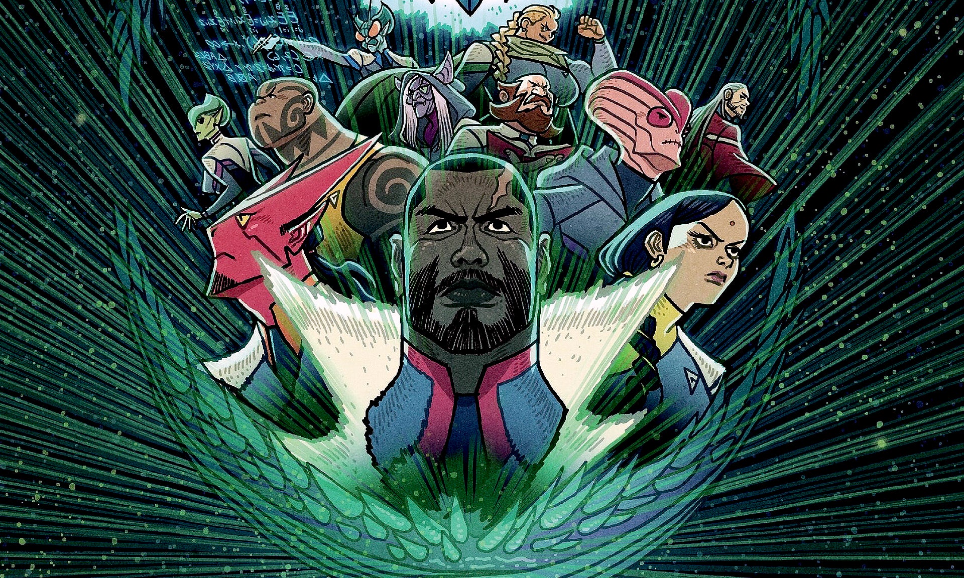 Illustration of a cast of characters against a black and green background
