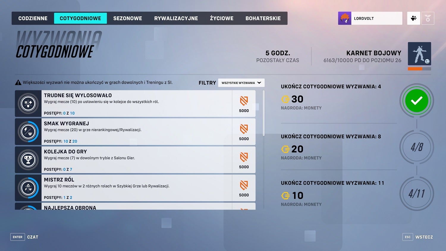 Ekran wyzwań cotygodniowych w Overwatch 2