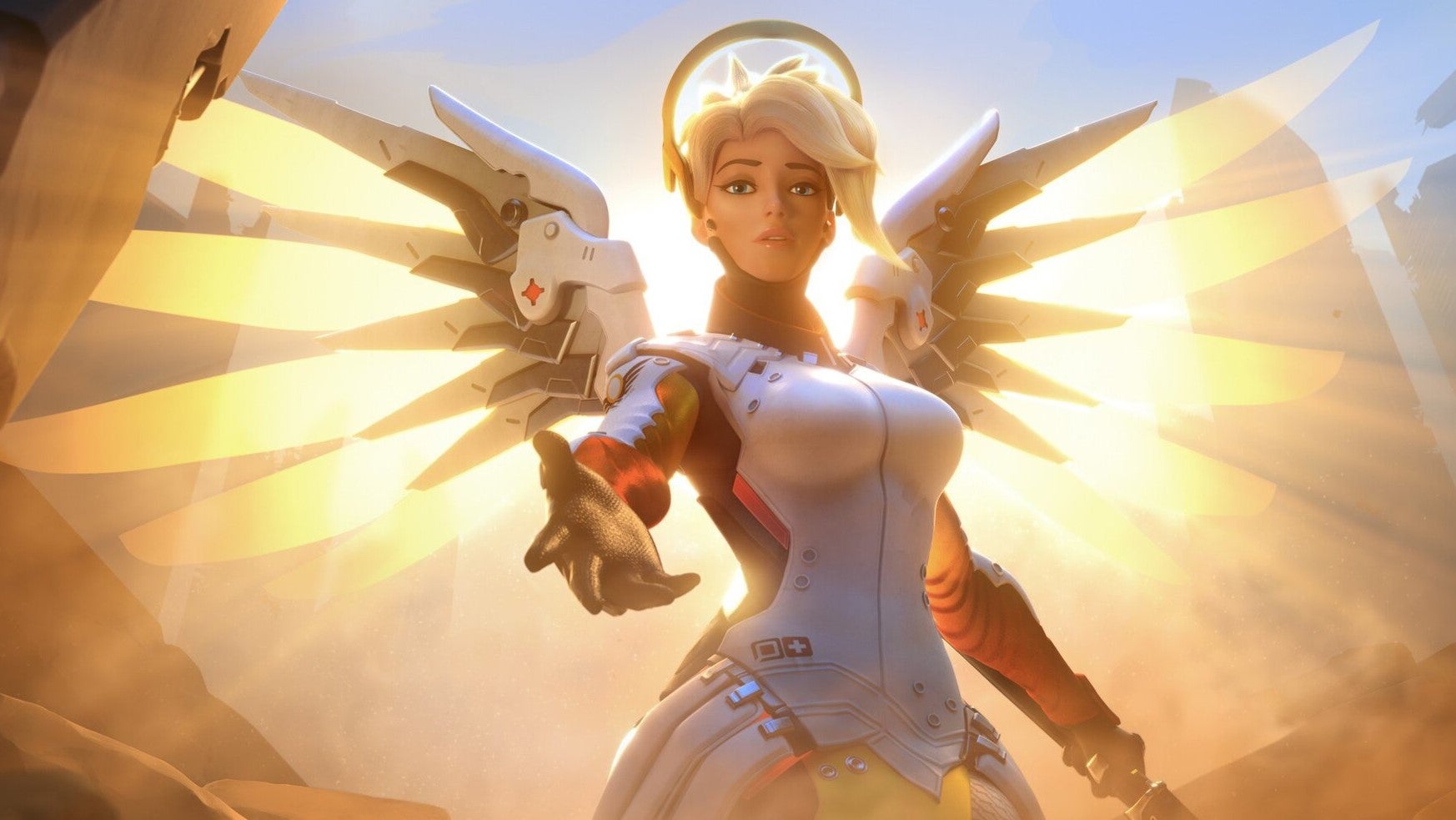 Overwatch hero Mercy, wings out, reaches down to the camera to pull someone up.