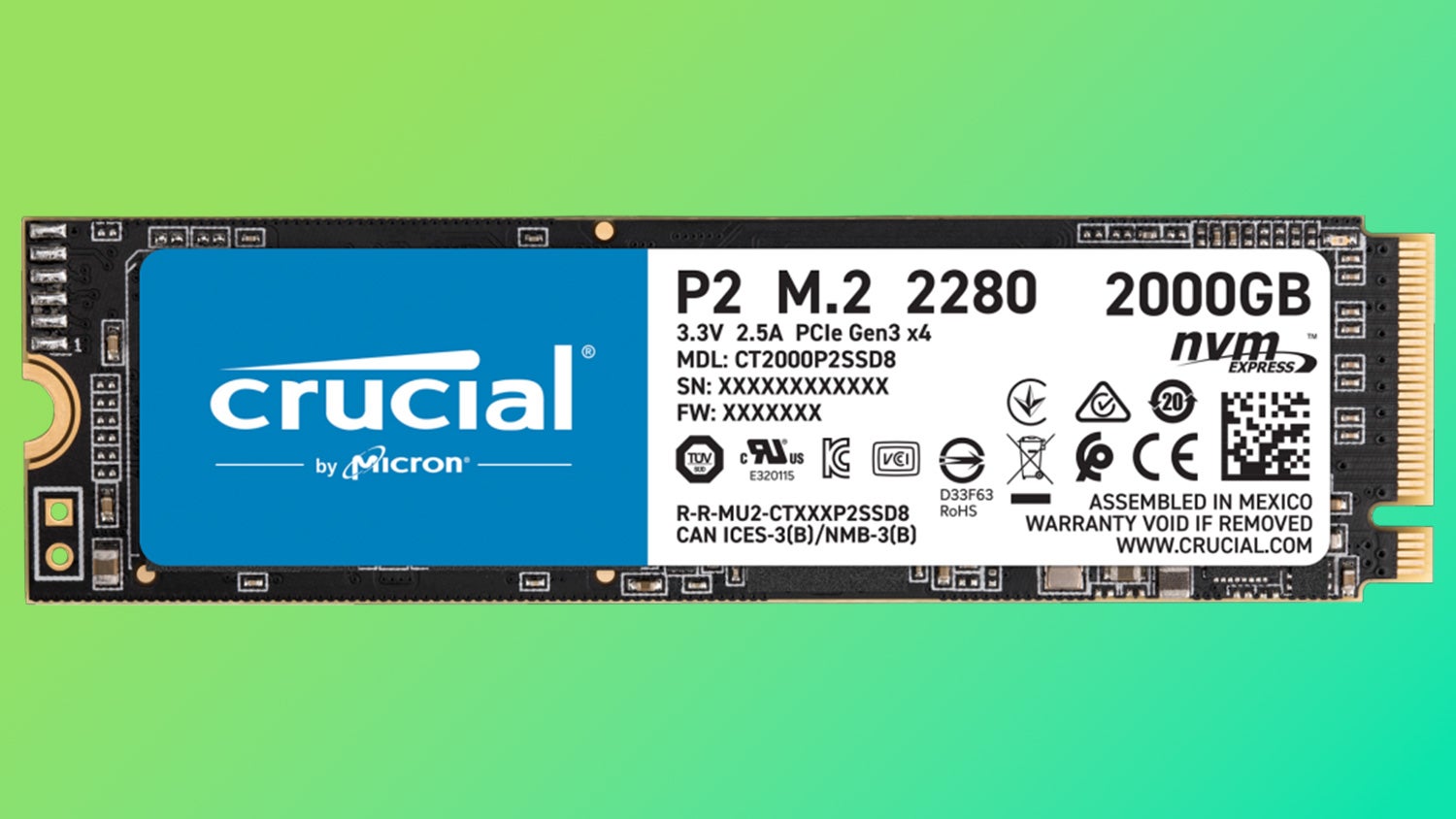 a crucial p2 nvme ssd, in a 2tb capacity. The drive comes in an M.2 form factor, suitable for newer desktops and laptops.
