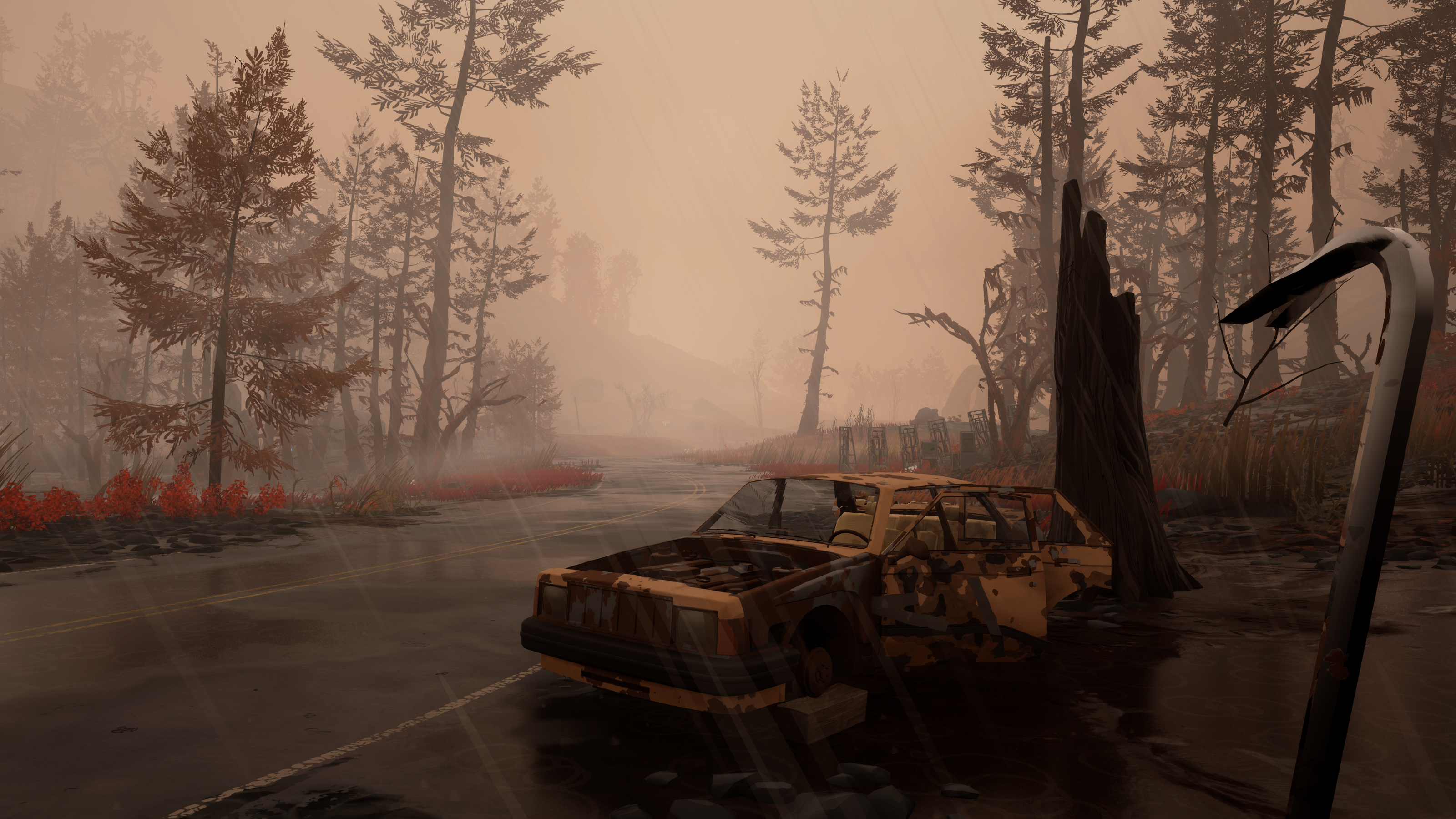 Pratinjau Pacific Drive - mobil yang ditinggalkan di pinggir jalan dalam kabut cokelat, pemain memegang linggis sebagai orang pertama