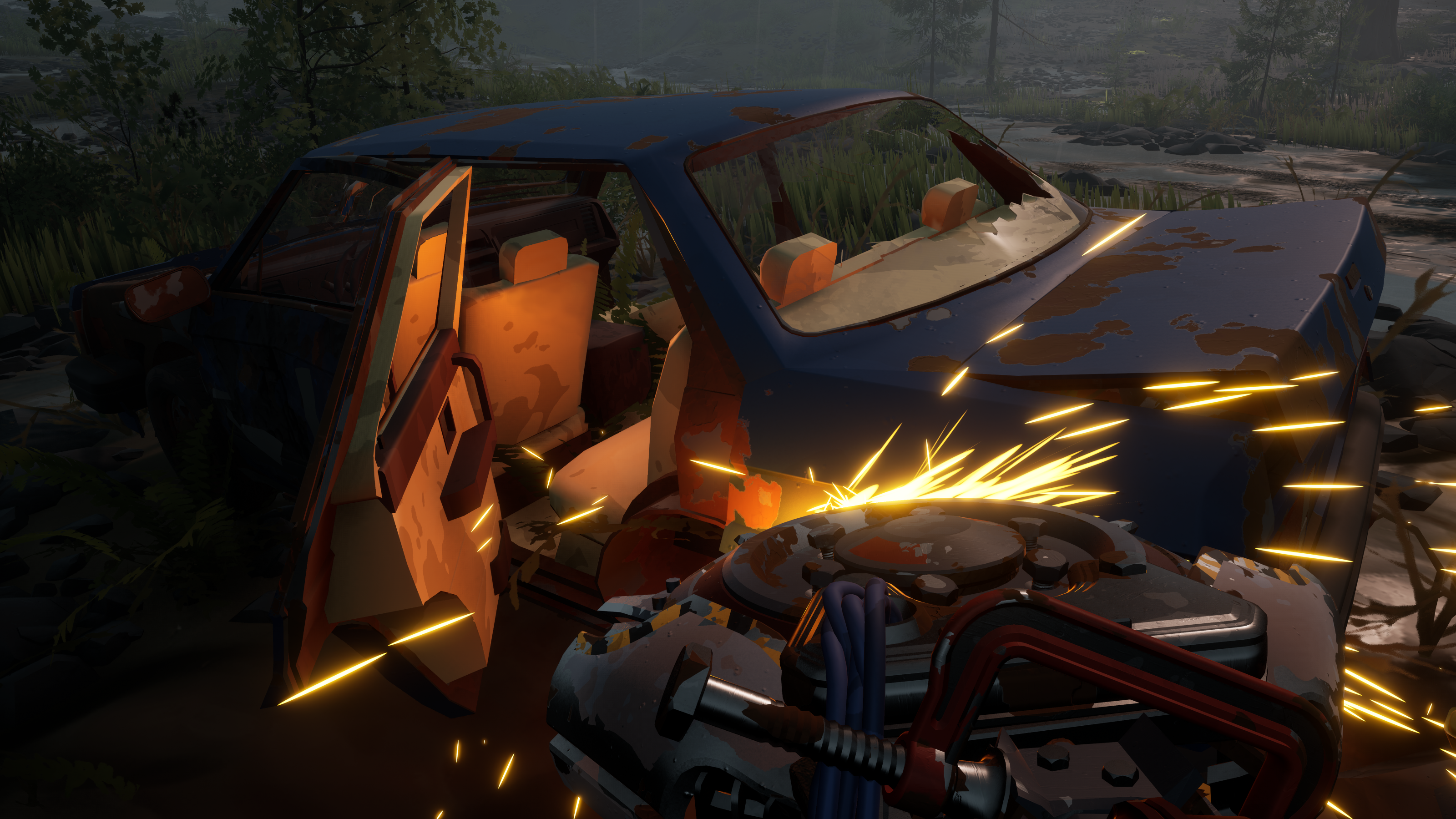 Pacific Drive preview - going at it with a circular saw on an abandoned car