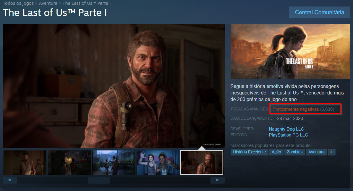 Imagem para The Last of Us Part I arrasado pelos jogadores PC