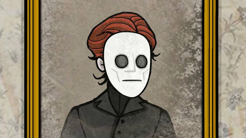 A drawn, coloured, and rather simple image of what appears to be a person in a black, Victorian-era blouse, with a high neck, looking into a mirror. But their face is obscured by a large white mask with large hollow eyes and an unsmiling mouth. It's cute but sunsettling.
