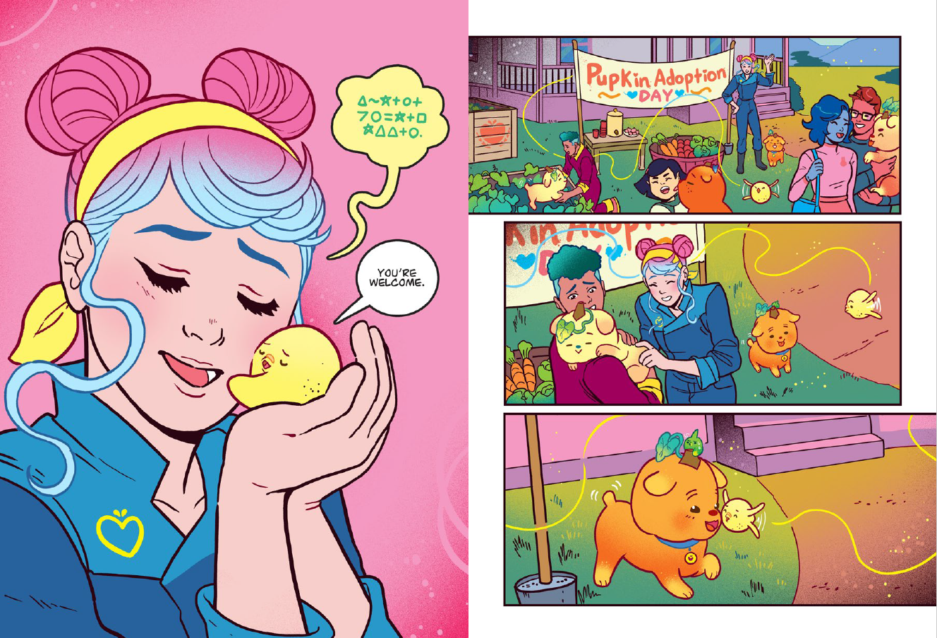 Interior pages of Lemon Bird Can Help featuring a character holding lemon bird on the left and lemon bird running on the right