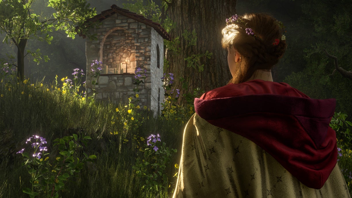 A robed woman, turned away from the viewer, is standing in a fantastically verdant forest looking at a stone altar of some kind. The image evokes Arthurian legend.