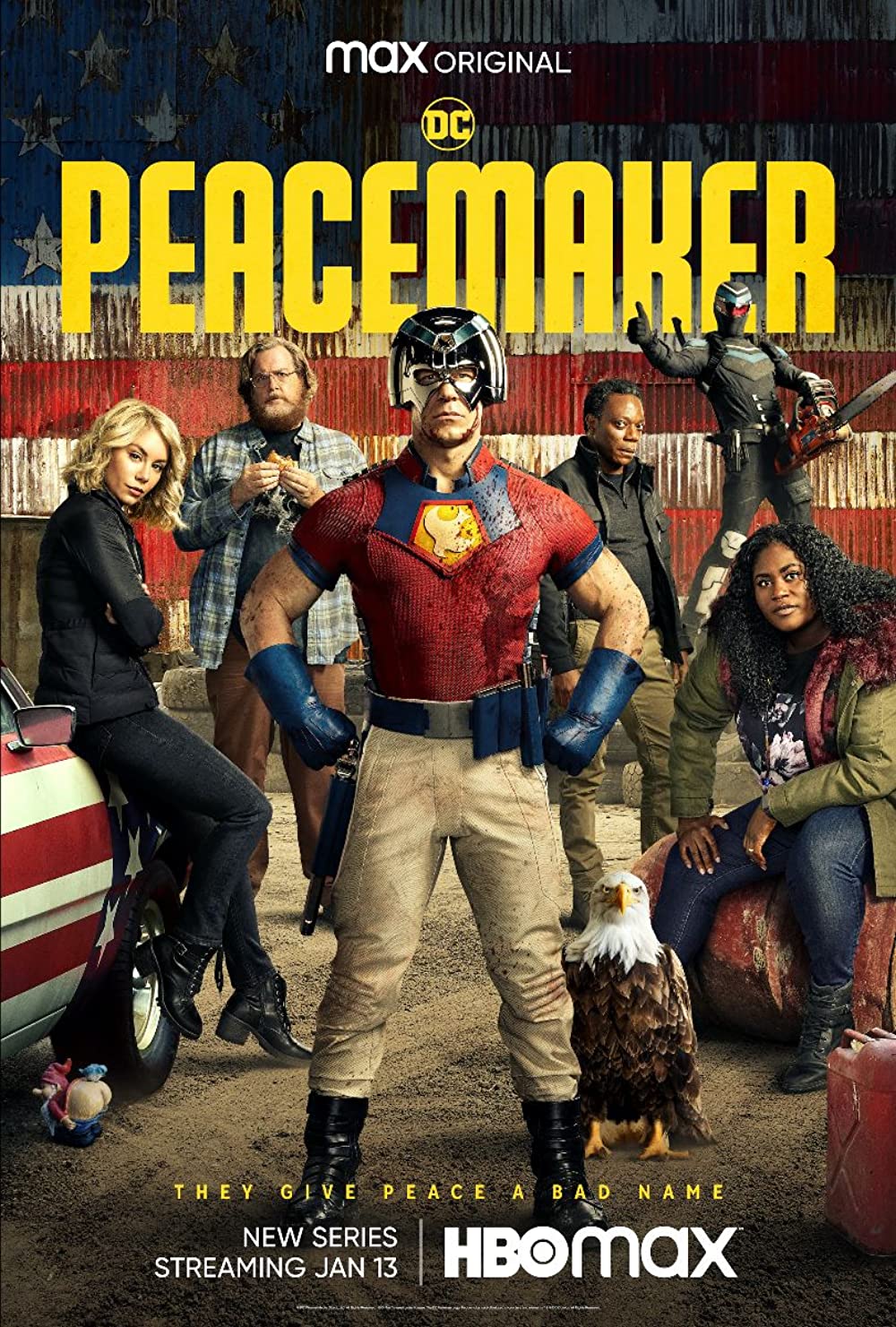 HBO Max The Peacemaker poster, John Cena as The Peacemaker is in the middle and surrounded by the rest of the cast