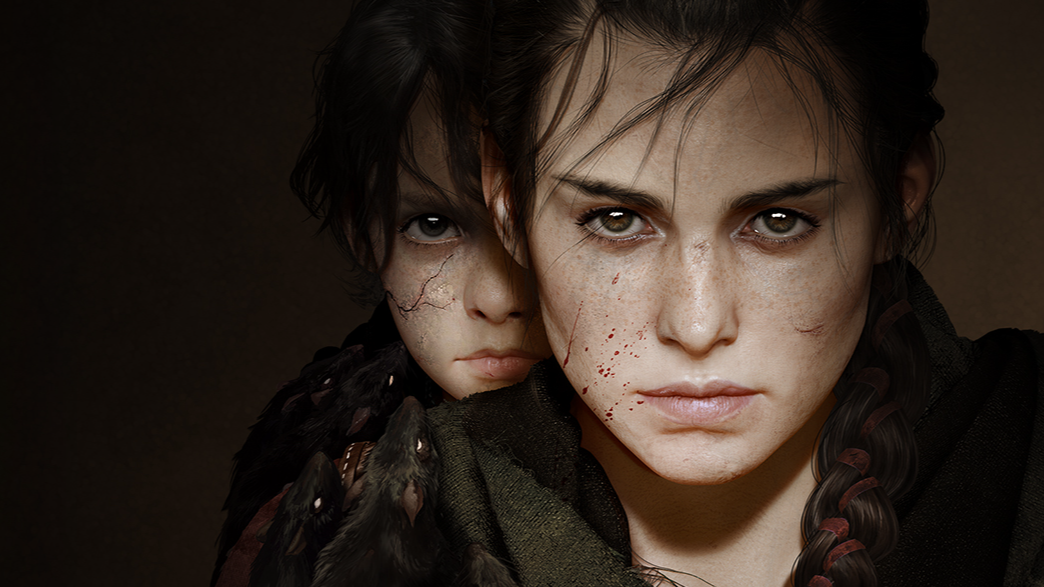 A blood-spattered face of a young woman, with a determined expression, in front of the young face of a boy, mostly hidden in shadow, with a black-veined infection spreading across his face.