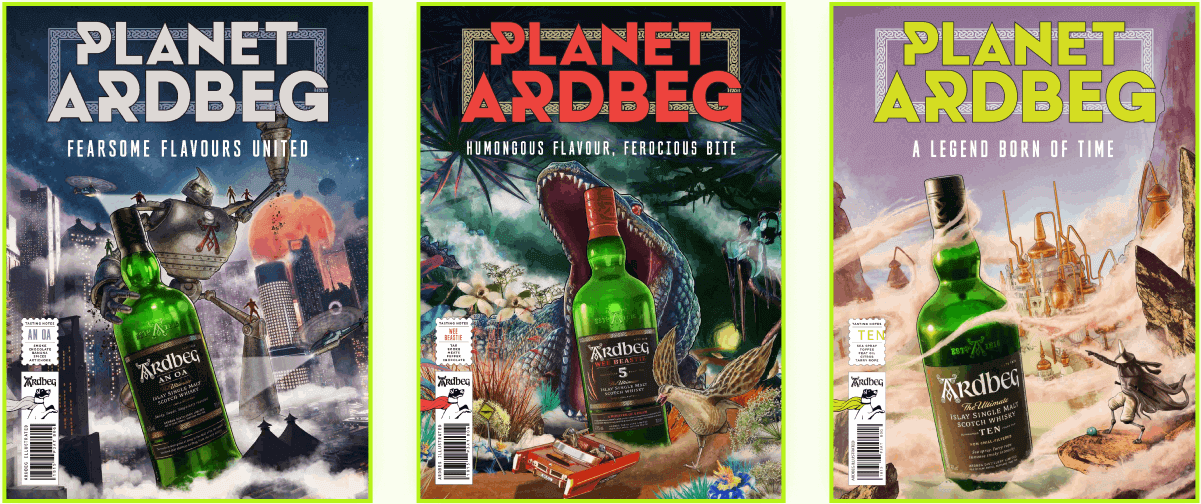 A collection of three covers that read Planet Ardbeg featuring whiskey in three different settings