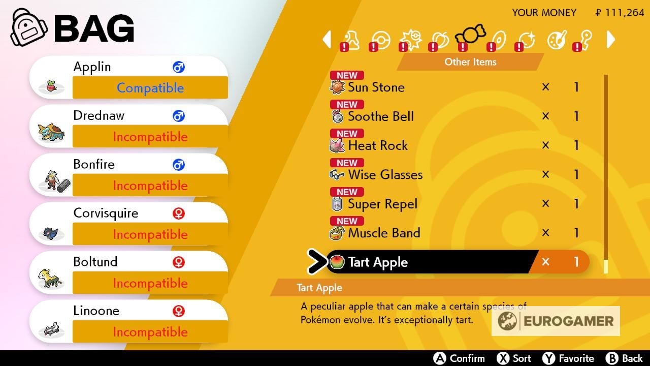 Pokémon Sword and Shield Applin evolution method how to use the Sweet Apple and Tart Apple to evolve into Applin into Flapple or Appletun explained