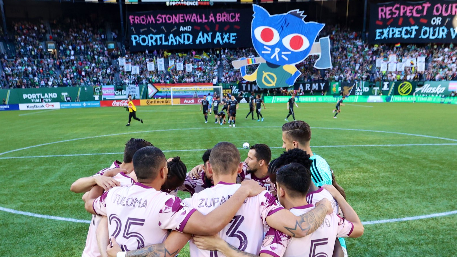 Portland Timbers display Mae from Night in the Woods at football match