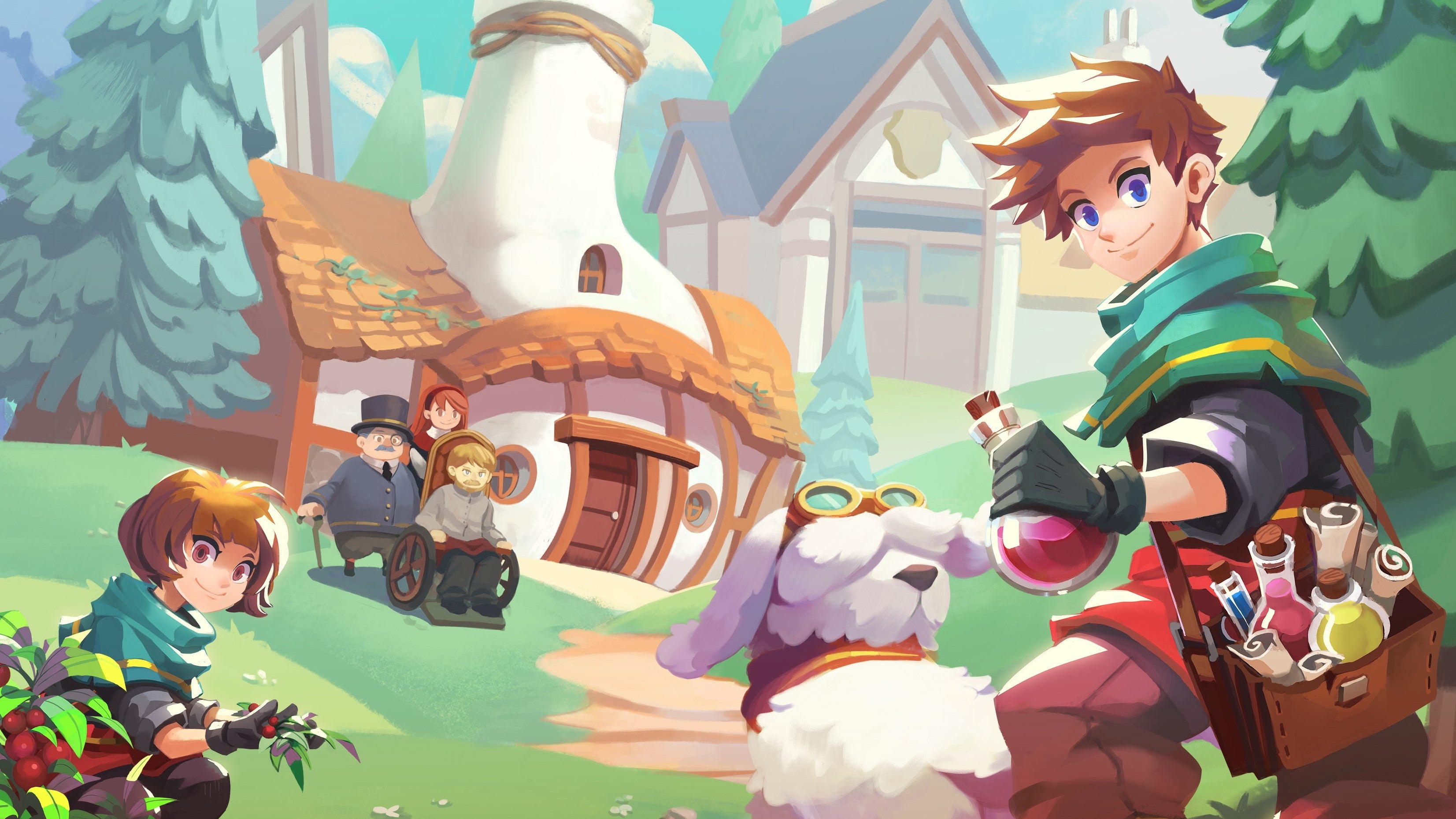 A bright and cartoony image, of a spiky haired young character looking at the camera, with a fluffy white dog beside them. The character holds a potion bottle and has a bag full of scrolls and other goodies. In the background is a white house shaped a bit like a bottle. It is the characters' house and laboratory.