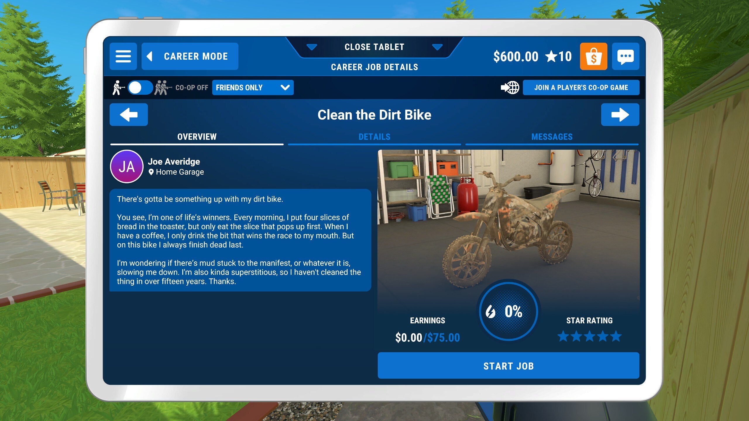 A menu detailing a job to clean a filthy trail motorbike in PowerWash Simulator. The owner of the bike thinks it might be the dirt on his vehicle that's slowing him down. He is delusional.