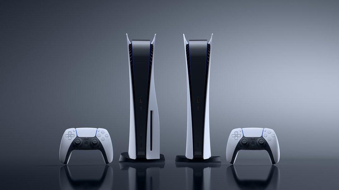 Both models of the PlayStation 5, each with a controller next to them