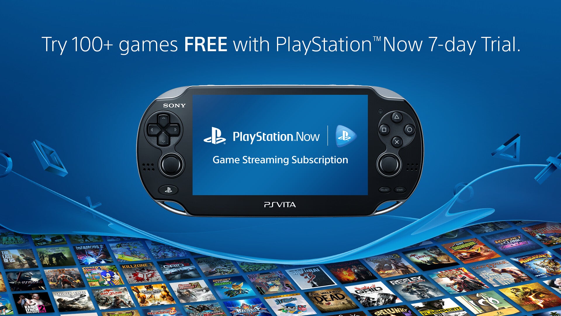 An ad with a picture of the Vita and the tagline "Try 100+ games FREE with PlayStation Now 7-day trial"