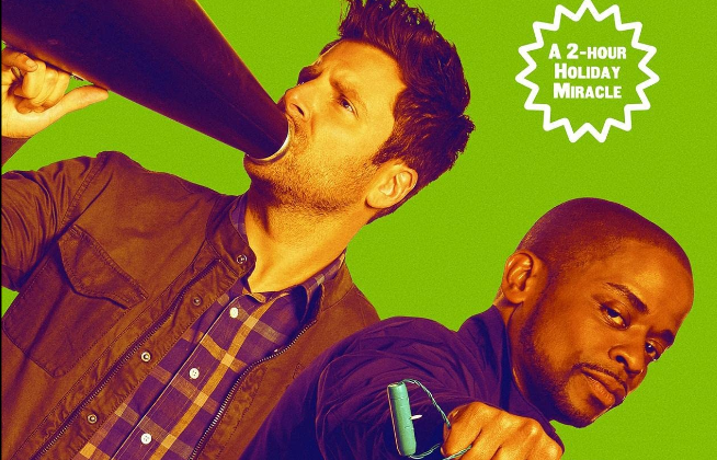 Cropped poster of Shawn and Gus, Shawn speaking into a megaphone, on a lime green background