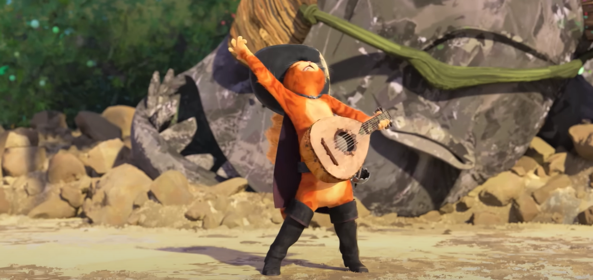 Animated still of an orange cat wearing a hat and a cape and boots, strumming a mandolin