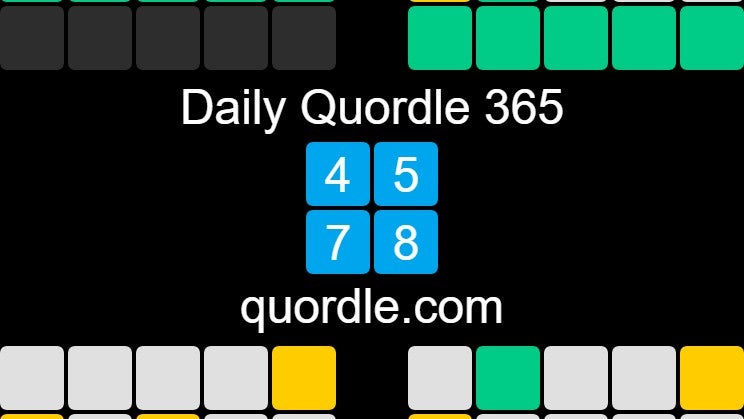 Zoom-in of a Quordle results screen showing a number of squares colored white, yellow, and green
