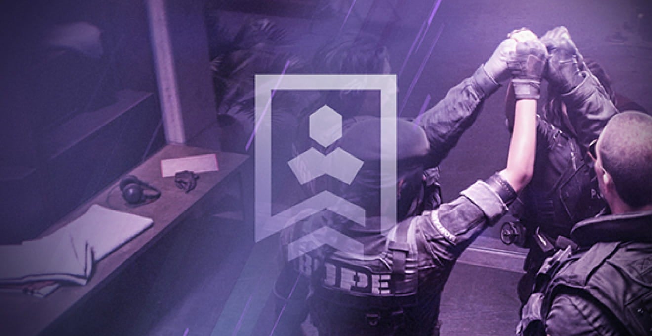 Purple-tinted image of people in tactical gear raising their fists together. Used to promote Rainbow Six Siege's new reputation system