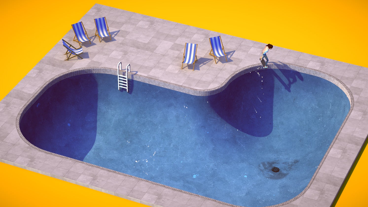 A small, drained swimming pool which a skater is on the lip of, ready to drop into. It's a zoomed out image, almost illustrative in tone, with lazy summer air about it.