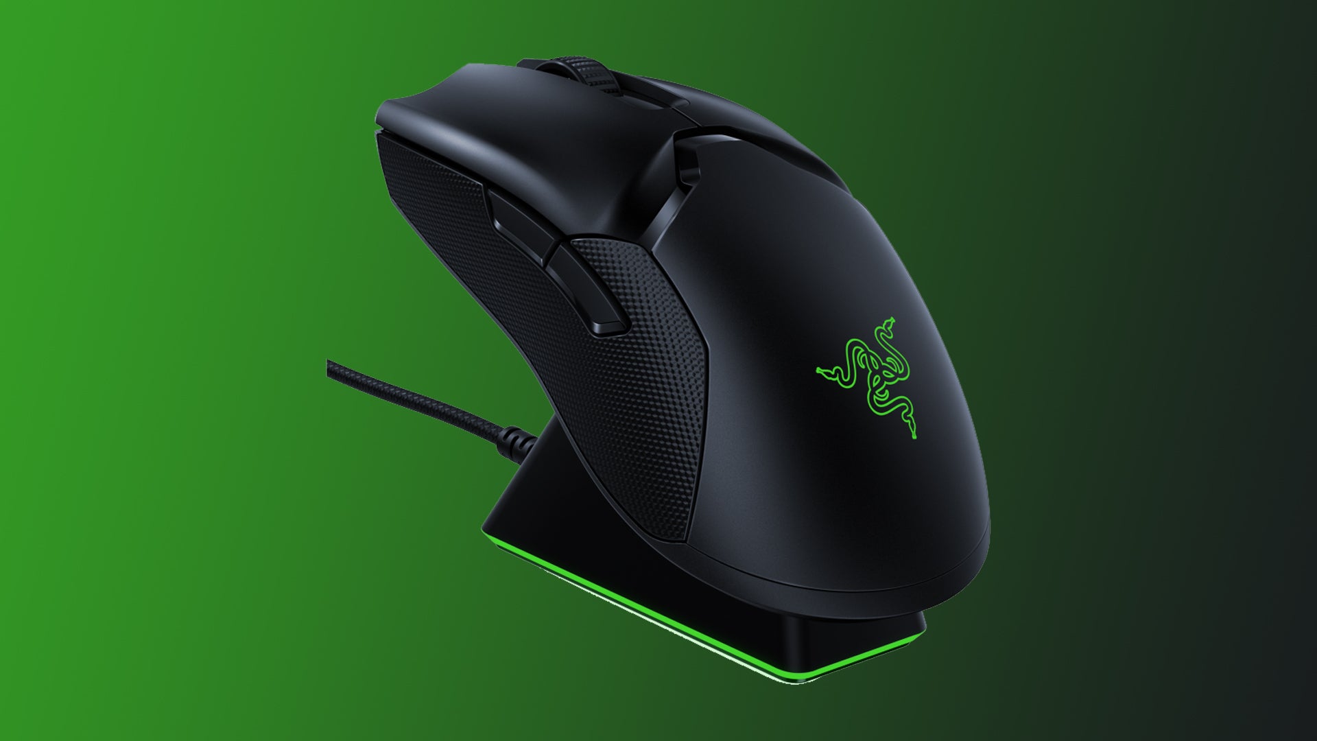 Image of a Razer Viper Ultimate gaming mouse on a green to black gradient background.