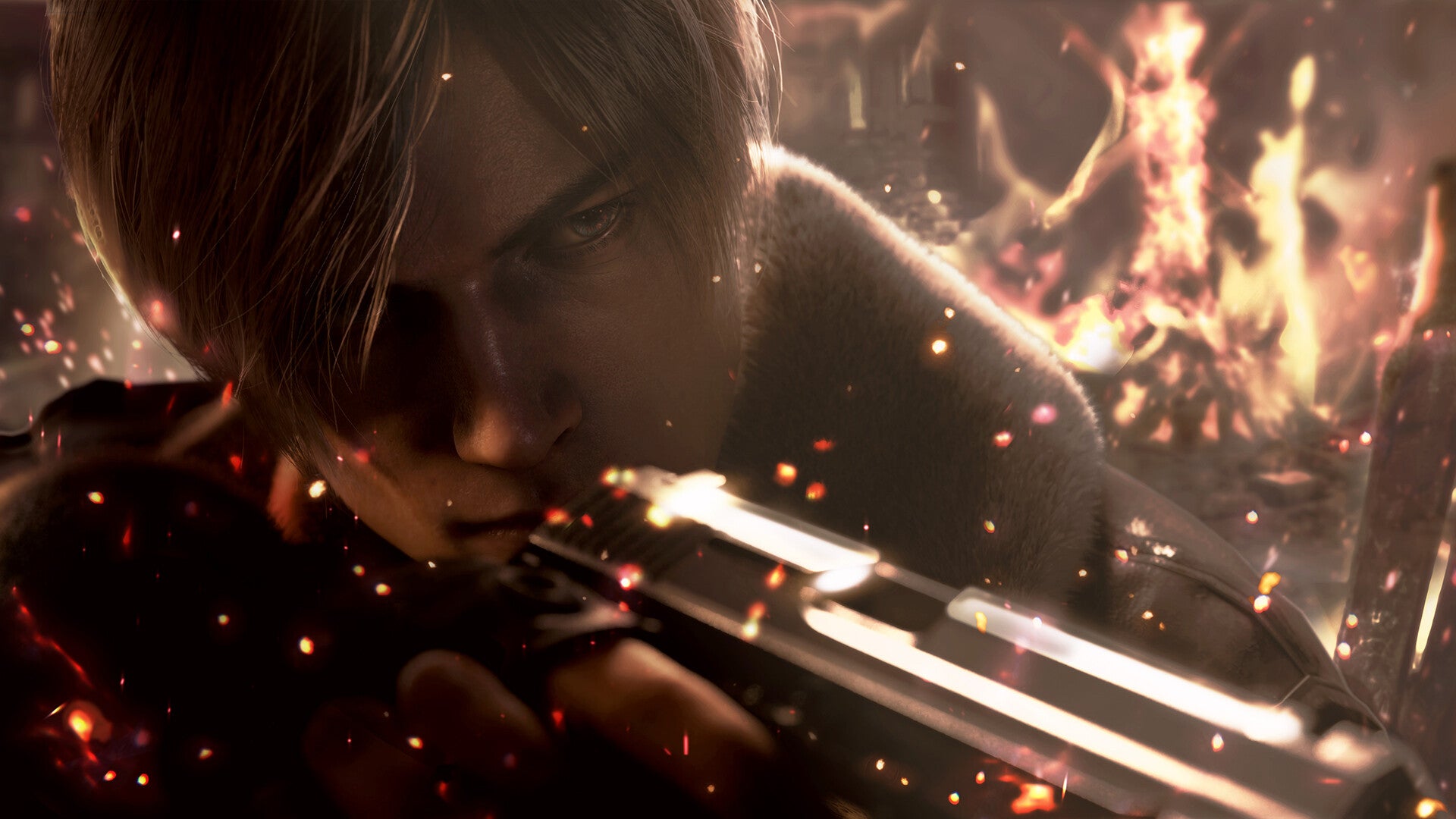A close-up of Leon Kennedy in a burning building in Resident Evil 4