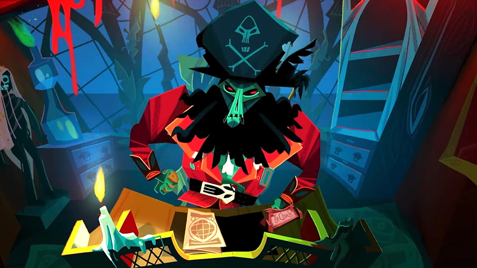 The Blackbeard-like skeleton pirate enemy LeChuck in Return to Monkey Island, standing over a table in a spooky cabin, glaring at the camera.