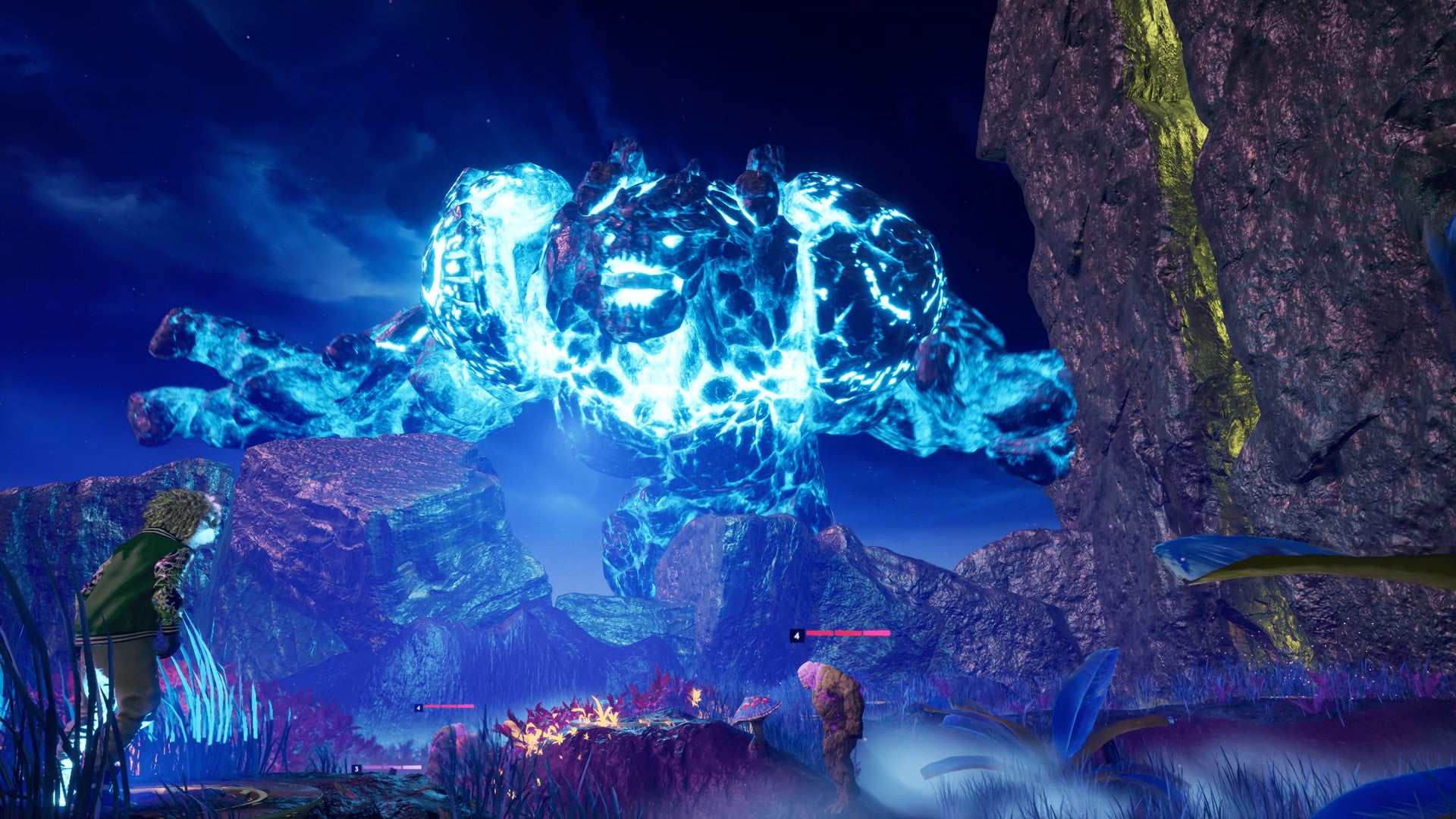 A giant glowing rock monster looms over a landscape in Rhythm Towers