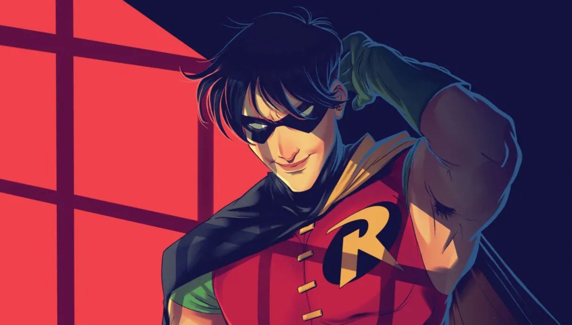 In image of Tim Drake smirking in Robin costume