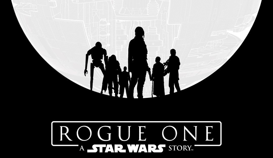 Poster of Rogue One featuring the cast of characters siloutted against a bright Death STar