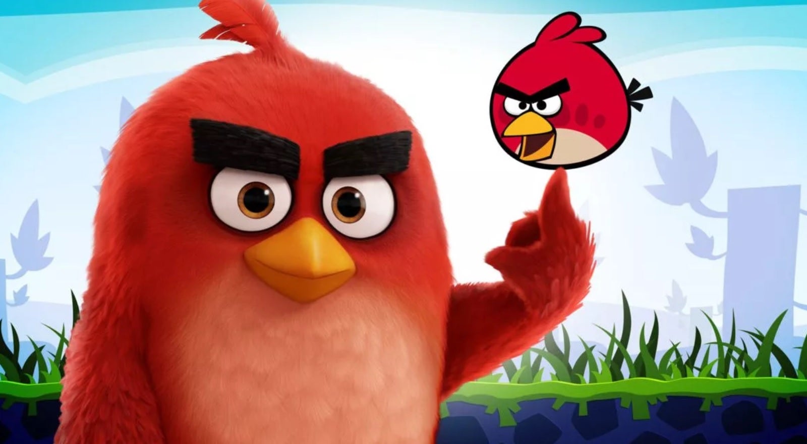 An image of the modern Angry Birds version of Red balancing the original Red on his wing/finger