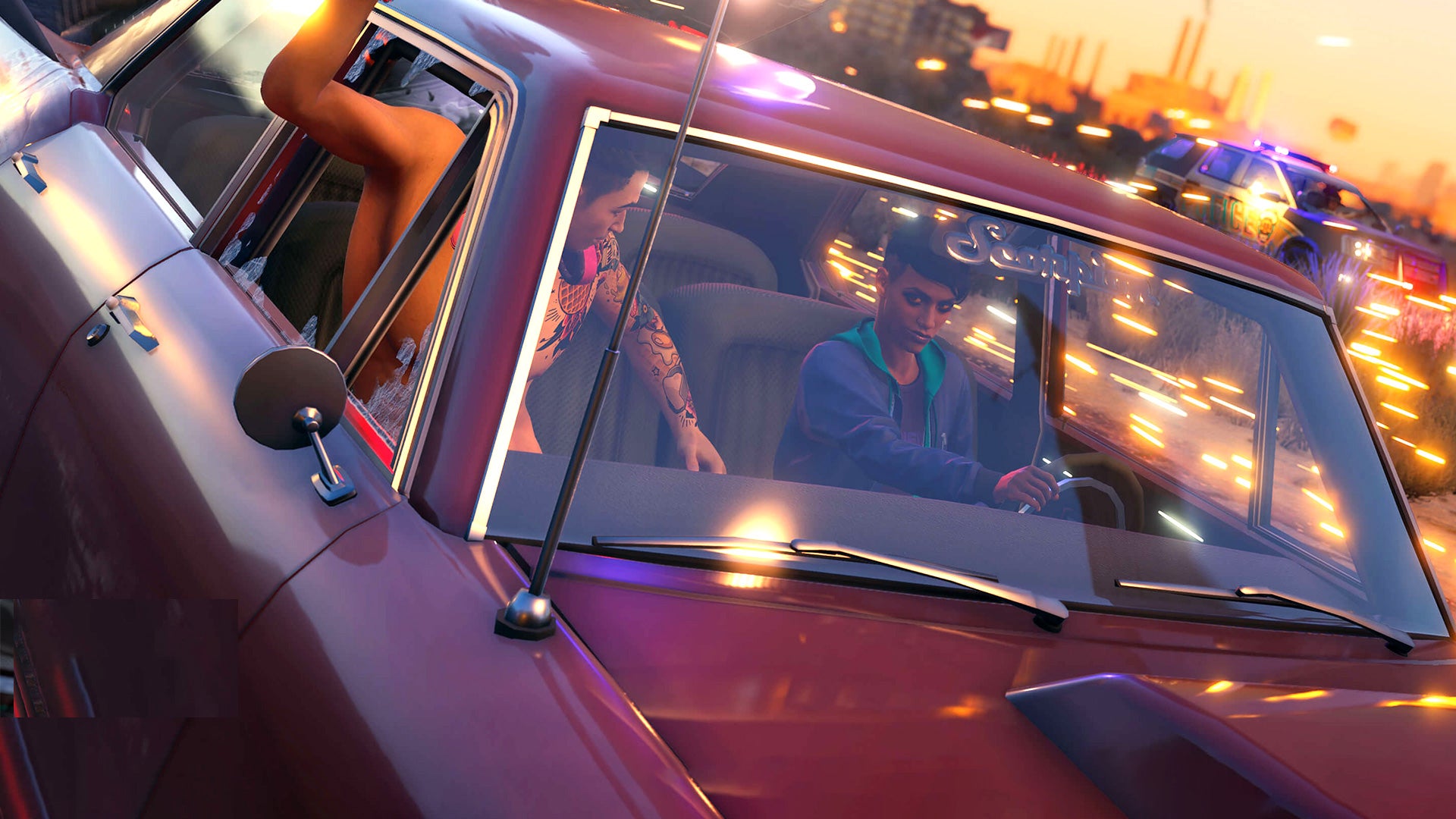 saint's row pc tech preview, showing two gangsters in a car chased by police