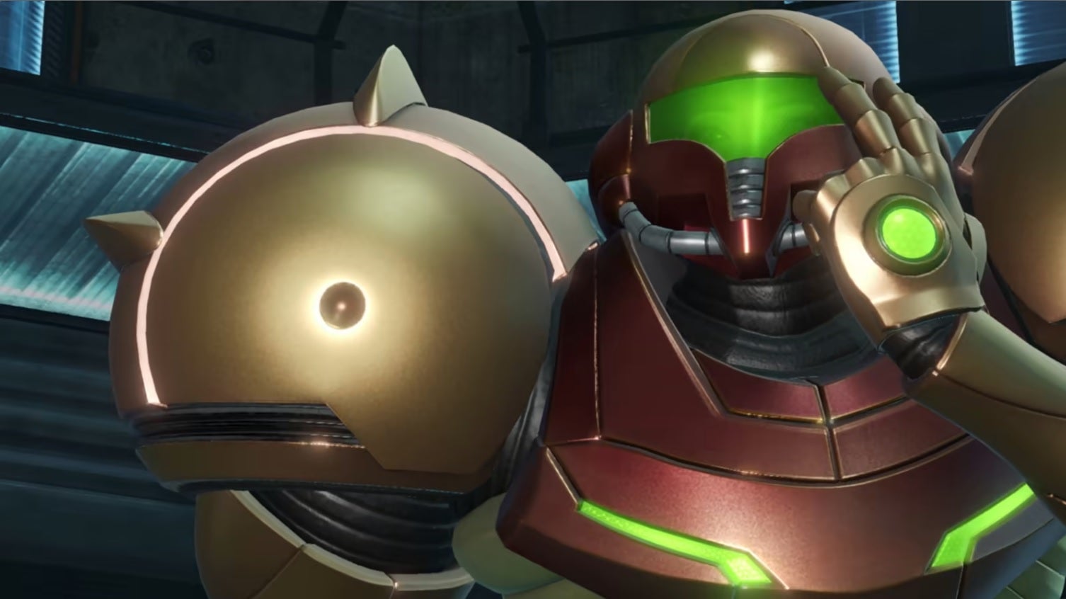 Samus raises a hand to her visor with the middle and index fingers extended