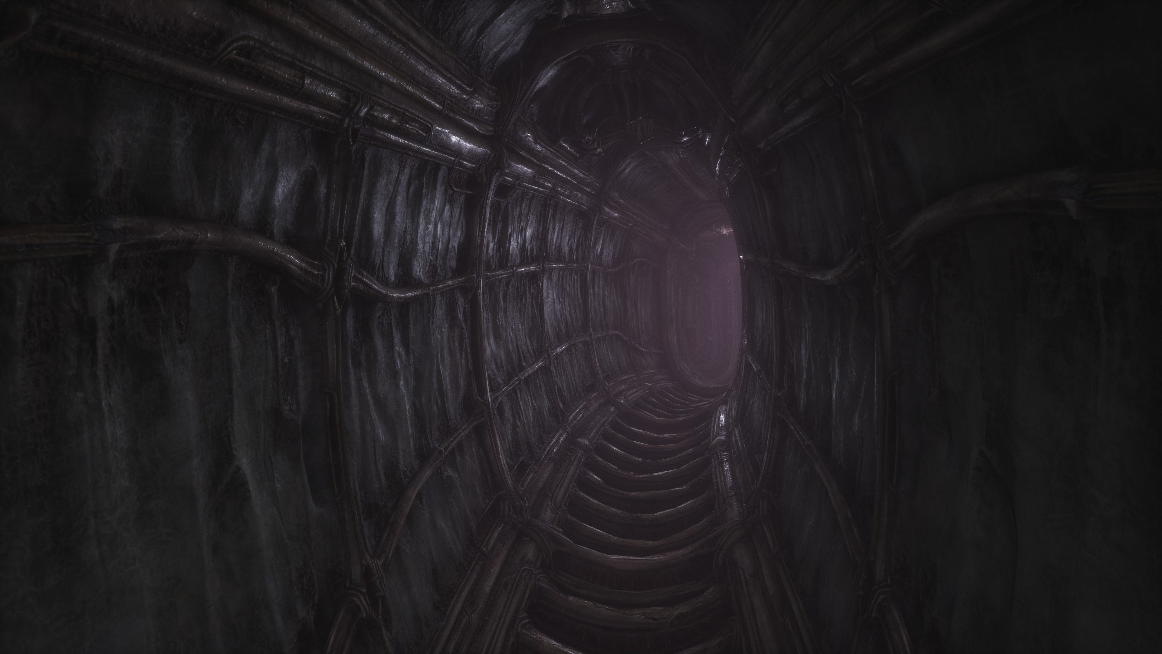 Scorn review - a narrow, more mechanical-looking corridor with a dim light at the end