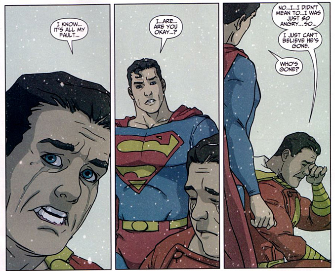Three panels featuring Shazam and Superman, Shazam is crying